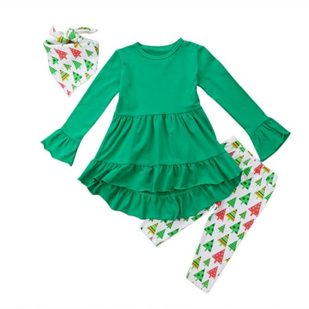 

Baby Girls Christmas Outfits Long Sleeve Ruffle Tunic T-shirt With Printed Pant 2-7 Years