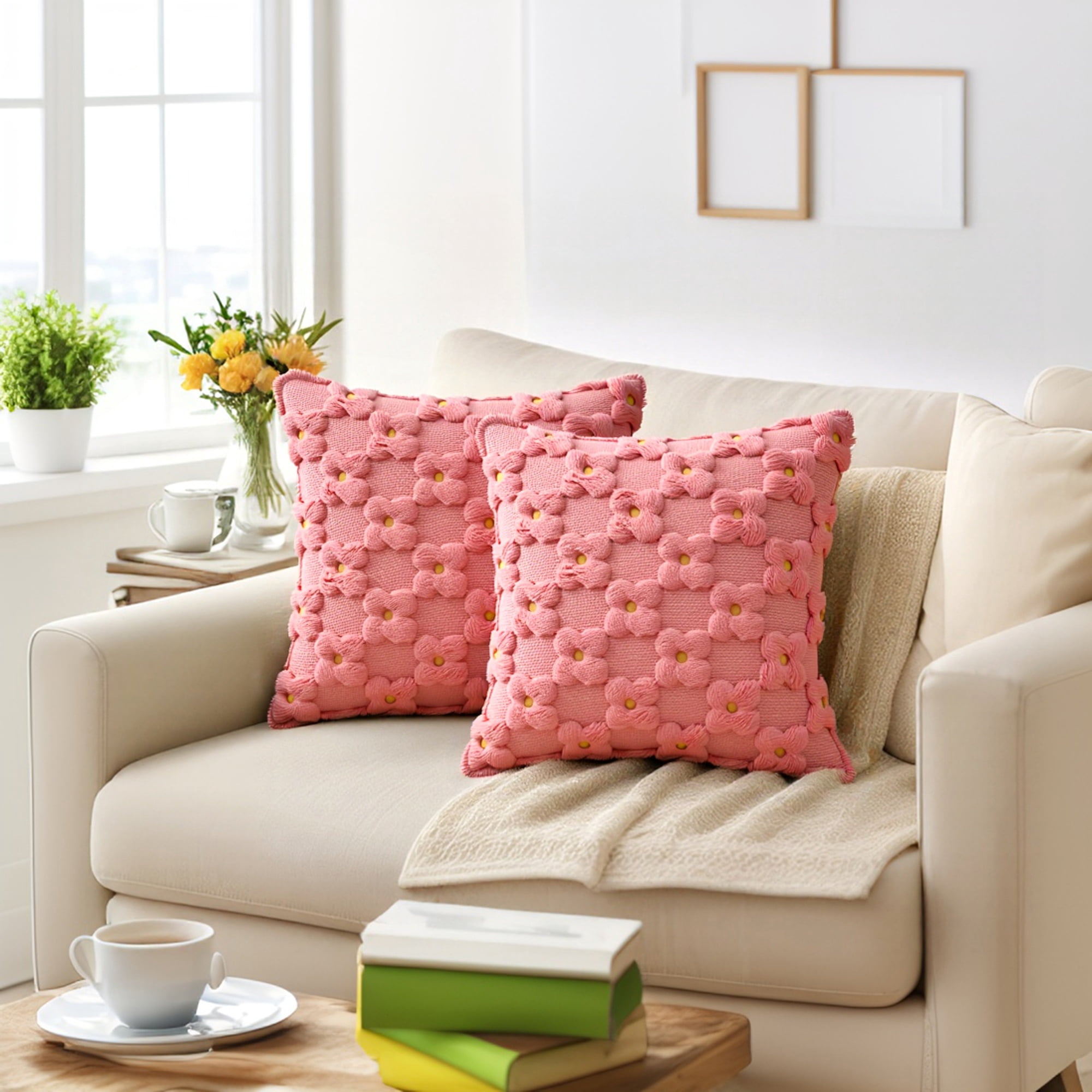 Unique Bargains Cute Daisy Embroidery Pillow Covers Pack of 2 Coral Red 20" x 20"