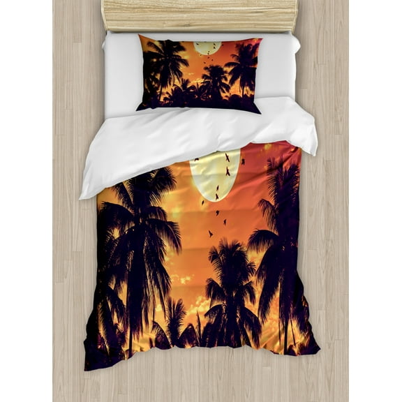 Night Ocean Duvet Cover Set Twin Size, Tropical Climate Palm Trees Full Moon Birds, Decorative 2 Piece Bedding Set with 1 Pillow Sham, Burnt Sienna Pale Orange Cream and Dark Purple, by Ambesonne