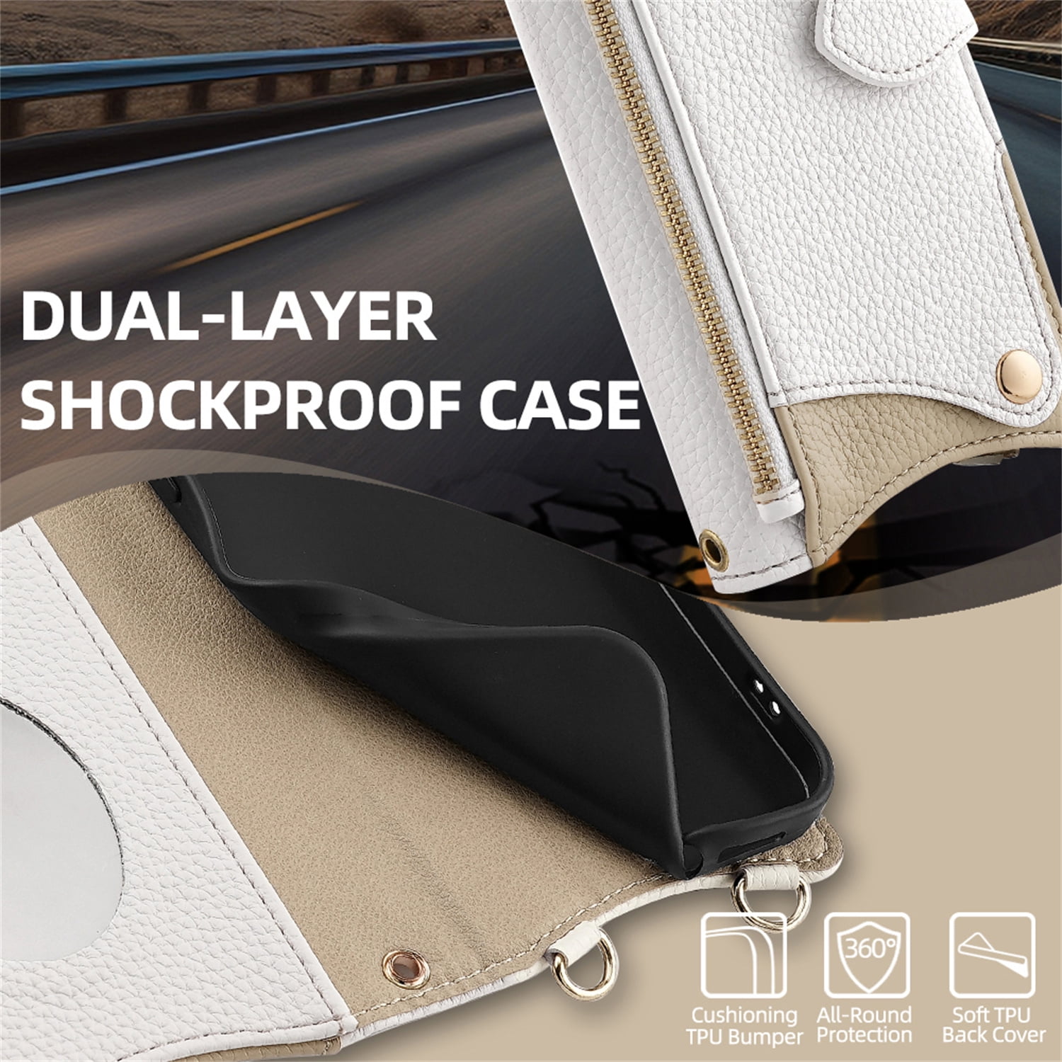 Allytechgroup Flip Wallet Phone Case for Samsung Galaxy S25 Ultra with Credit Card Slot, Shoulder Strap PU Leather Zipper Wallet Phone Case Shockproof Full Body Cover for Women Girls, White