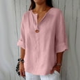 thumbnail image 2 of Qcmgmg Chemises en Lin pour Femmes Manches 3/4 2025 Col en V Hauts Tunique Décontractée Bouton Vacances d'Été Blouse Rose m, 2 of 5