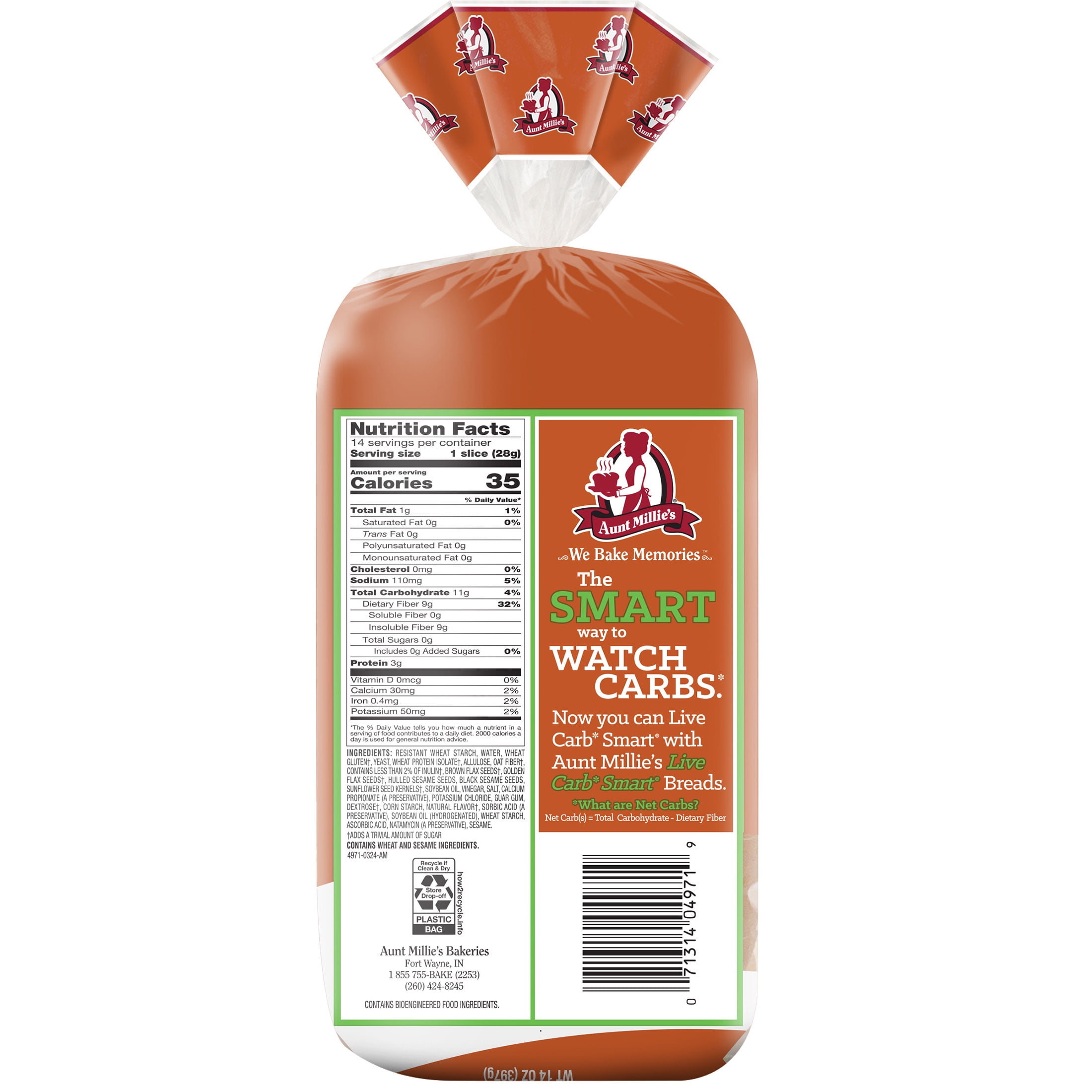 Aunt Millie's Live Carb Smart 5 Seed Bread, 14 oz.