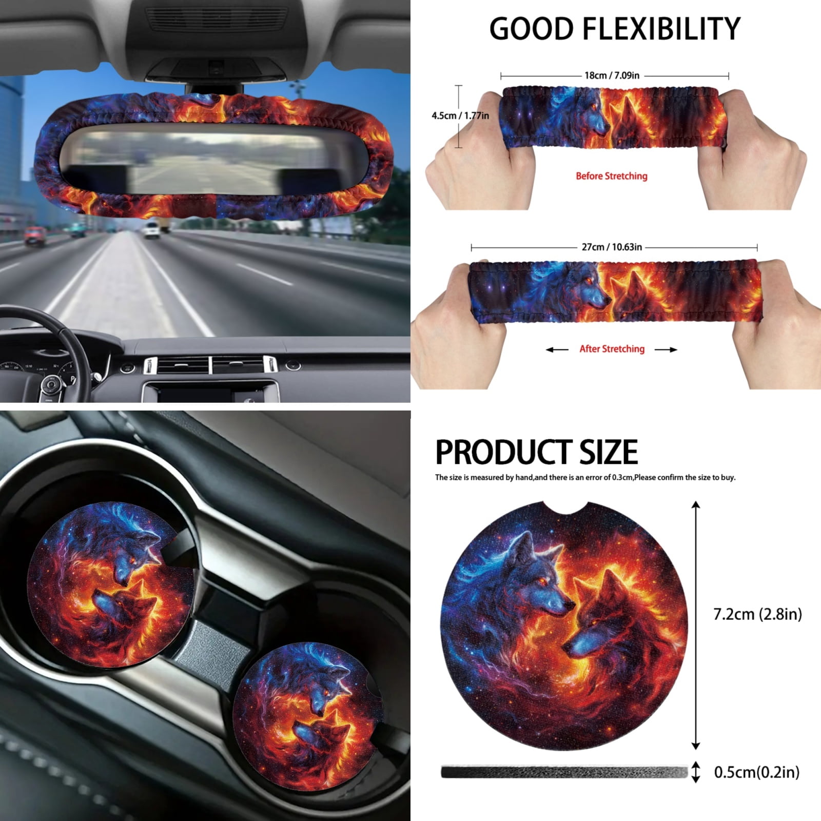 Yuyamidu Galaxy Car Seat Covers Full Set of 16 Fire Wolf Steering Wheel Cover Seat Belt Pad Sunshade Rearview Mirror Cover Car Coasters Key Chain Gear Shift Knob Cover Fit Most Vehicles