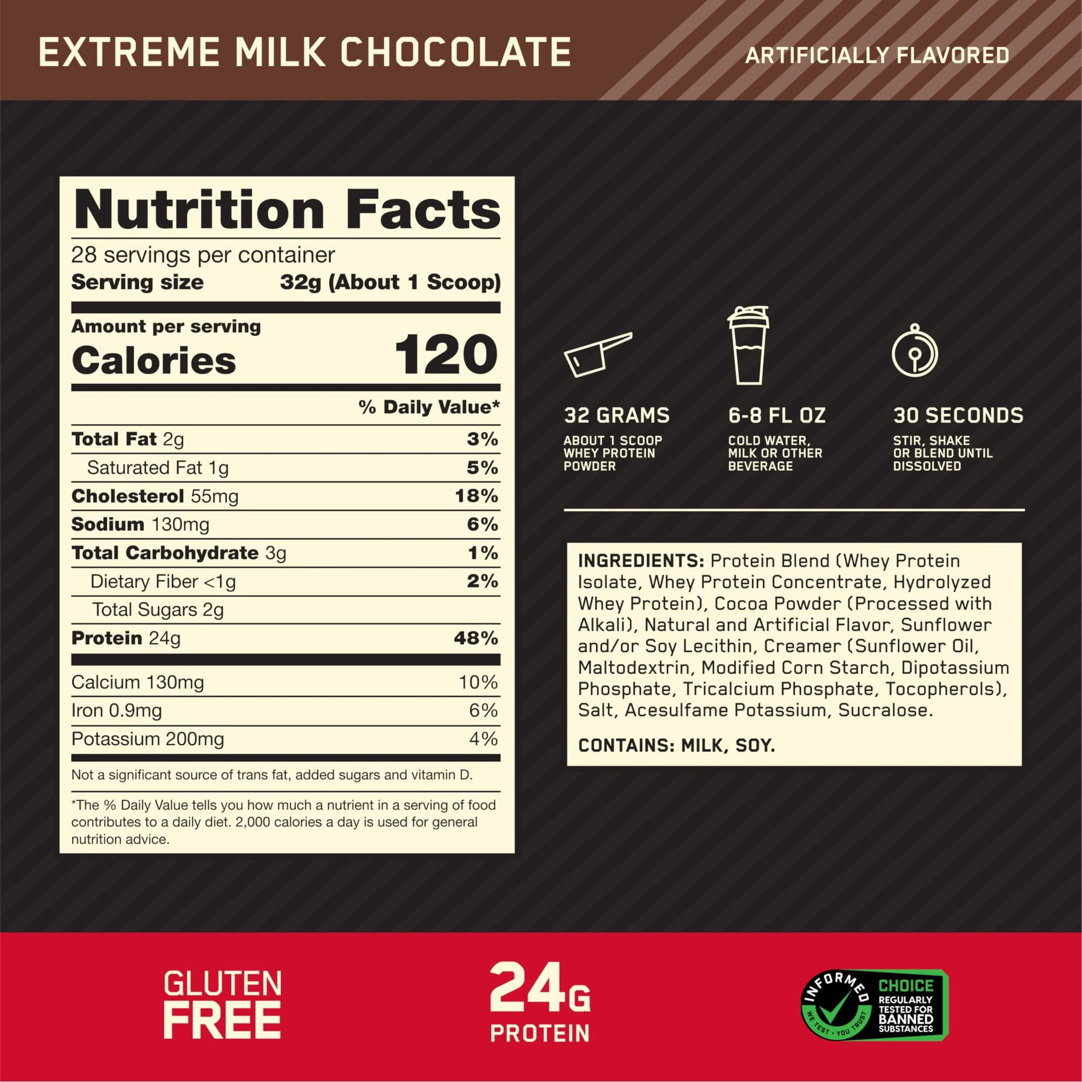 Optimum Nutrition Gold Standard 100% Whey Protein Powder, Extreme Milk Chocolate, 24g Protein, 2 LB