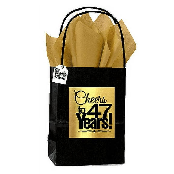 Black & Gold 47th Birthday / Anniversary Cheers Themed Small Party Favor Gift Bags with Tags -12pack