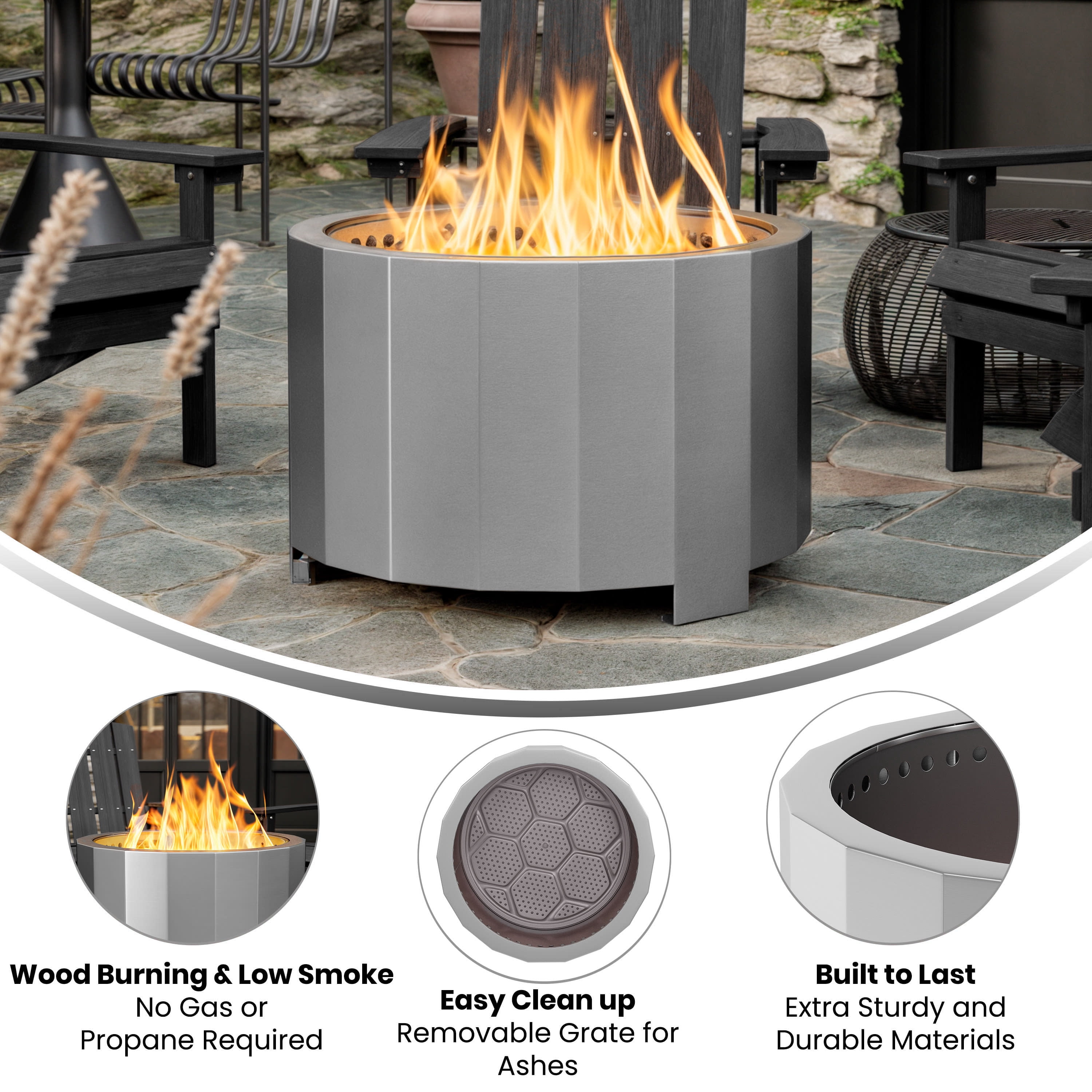 BizChair Commercial Grade 27 inch Smokeless Outdoor Firepit, Natural Wood Burning Portable Fire Pit With Waterproof Cover, Stainless Steel
