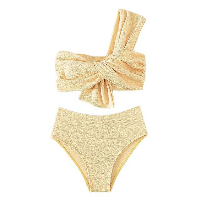 MKLEKYY Trajes De Baño Mujer Control Abdomen Women'S Shoulder High Waist Gathered Solid Color Split Swimsuit