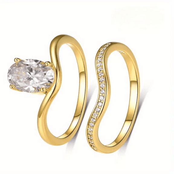 S925 Sterling Silver 2.5 Carat Oval Moissanite Ring Set - 18K Gold Plated Two-Piece Stackable Jewelry, Personality and Fashion Suitable for Engagement, Wedding, Daily Life