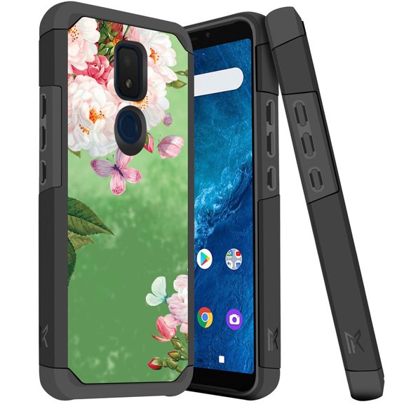 ANJ  Slim Dual Layer Hybrid Shockproof Case   Tempered Glass Cover for Cricket Icon 3, Splendor, AT&T Motivate 2 - Summer Flowers