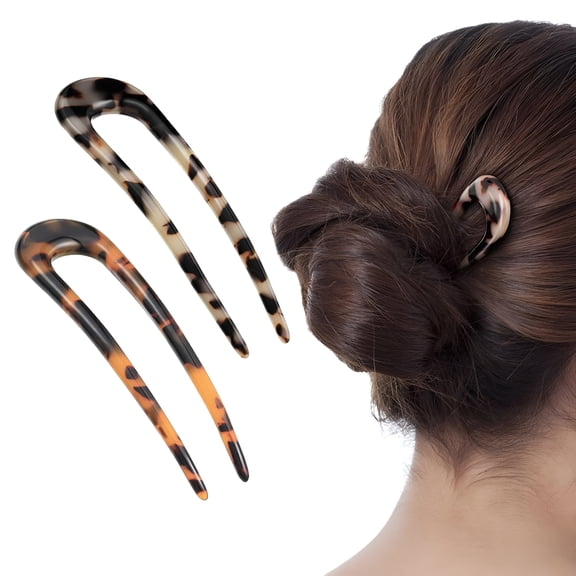 TUWAFE 2 Pack French Style Cellulose Acetate U Shaped 4.7 Inch Hair Pins Fork 2 Prong Updo Chignon Pin for Women Girls Hairstyle Accessories(Tortoiseshell and White Tortoiseshell)