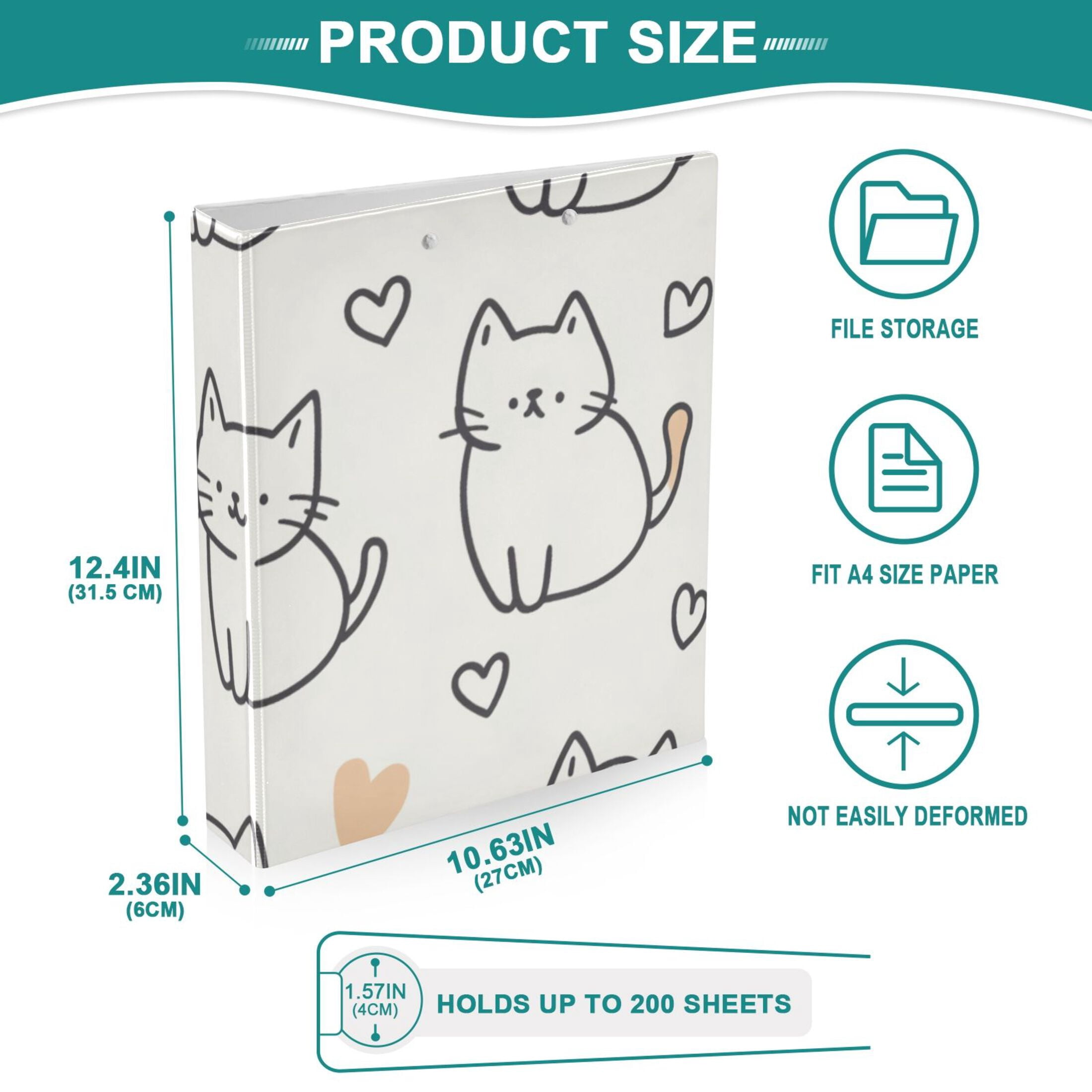 Cute Cats Hearts 3 Ring Binders 1.5 inch Hardcover File Folders with Interior Pockets A4 Size Organizer for School Office Hospital