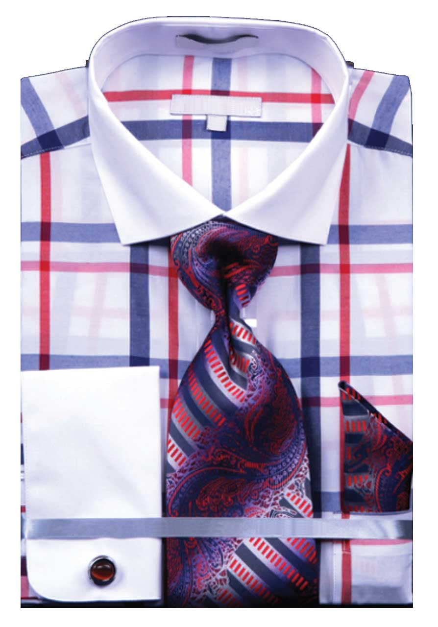 Men's Multi Color Check French Cuff Shirt Tie Hanky and CuffLinks ...