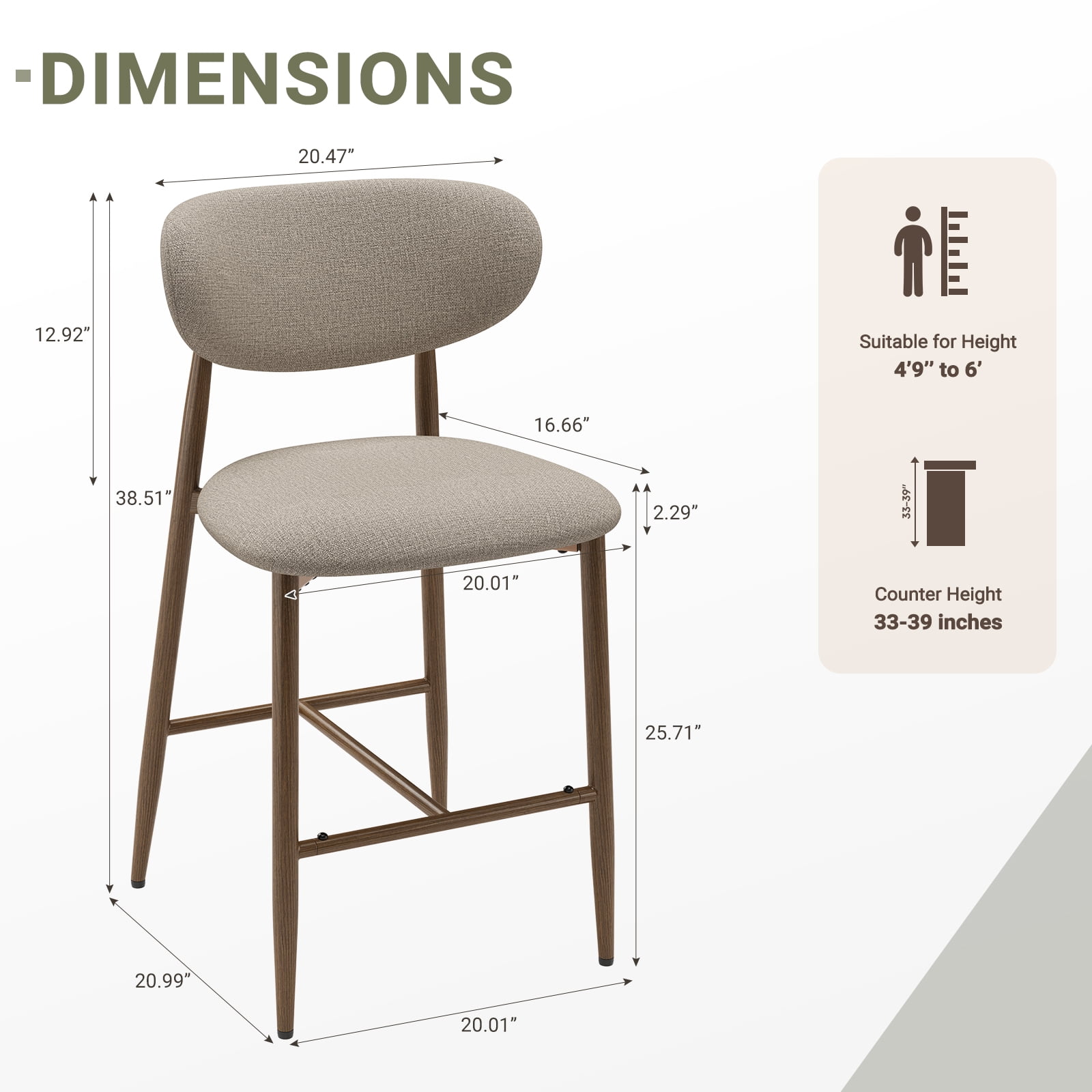 AFO Counter Height Bar Stools Set of 4, Modern Upholstered Kitchen Island Chairs with Back, Wood Grain Metal Legs, Camel