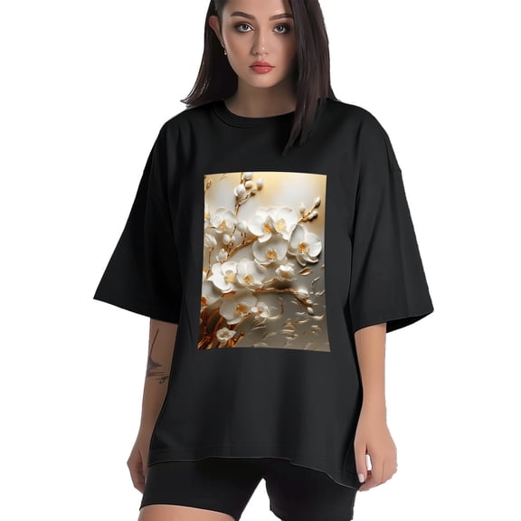 Plus Size Shirt for Women Black Tops for Women Short Sleeves Shirt for Women Flowers T Shirt Crewneck Shirt for Women XS