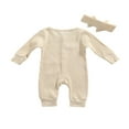 thumbnail image 3 of POINTERTECK 2Pcs Baby Girls Outfit Solid Color Single-breasted Long Sleeve Romper with Pocket Headband Fall Outfits Set, 3 of 6
