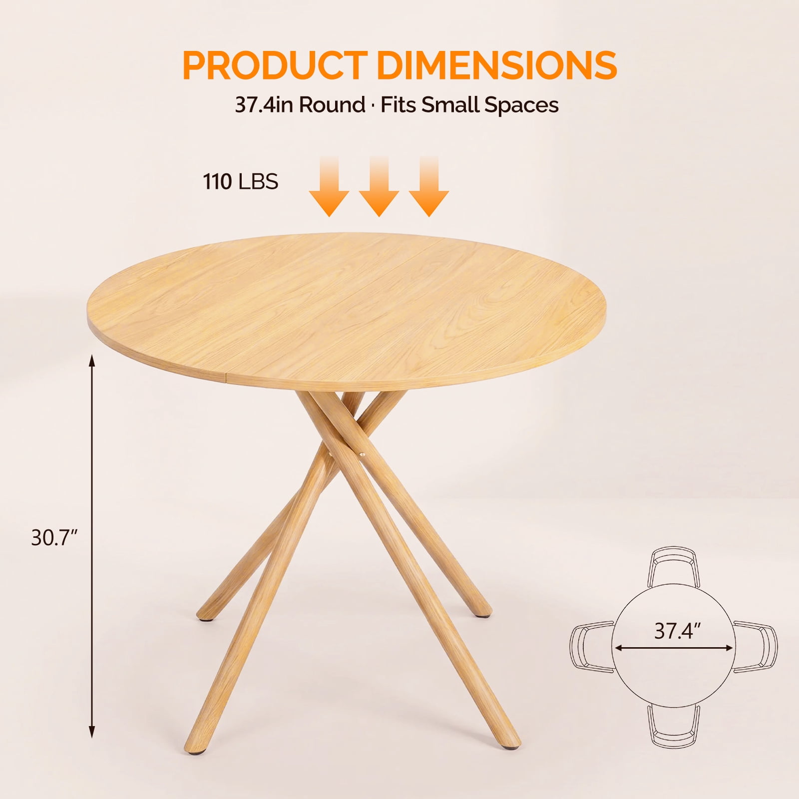 37.4 Inch Round Dining Table for 4-6 People, Cross X Metal Leg Kitchen Dinner Table with Adjustable Foot Pads, Easy Assembly Small Space Dining Room Table, Natural Wood Tone