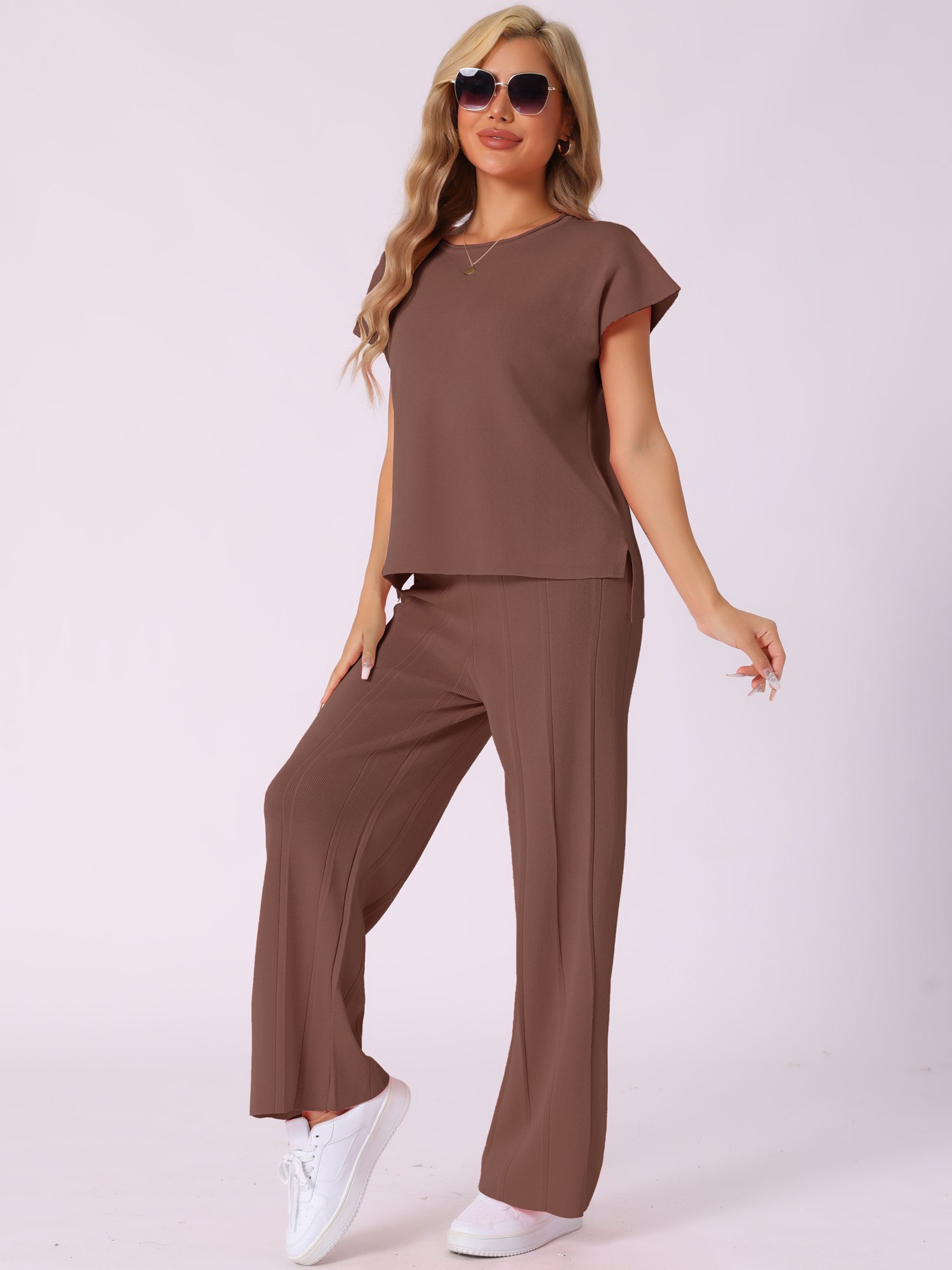 DARING DIVA Women's 2-Piece Short Sleeve Tops Wide Leg Pants Sets XS Coffee