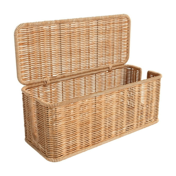 Shoreew Rattan Cable Management Box Handwoven Cord Organizer Basket with 2 Slots Large Capacity Power Cords Hidden Box