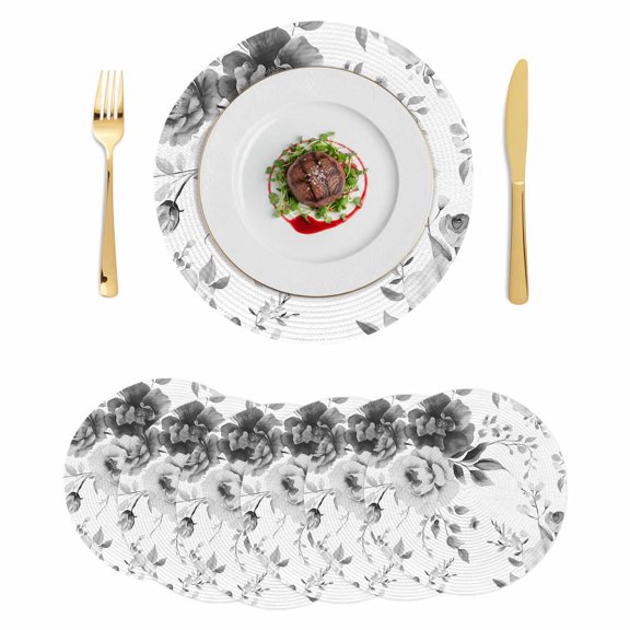 Round Placemats Vintage Floral 15 inch Set of 6 Table Mats for Dining Table Black Grey Heat Resistant Non-Slip Kitchen & Home Decorative Place Mat Set