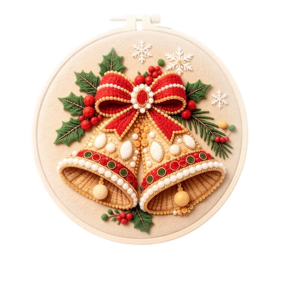 Christmas Needle Felting Kit, Holiday Bells Design for Adults, 7.87 in 3D Wool Hoop Art Wall or Tabletop Display