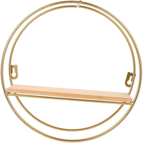 Wall Mounted Hanging  - Geometric Circle Metal and Wood Wall Shelves,Shelf Rustic Farmhouse Shelves Iron Hanging Storage ,Decorative Wall-Mounted Organizer for Living Room(1set - Gold)
