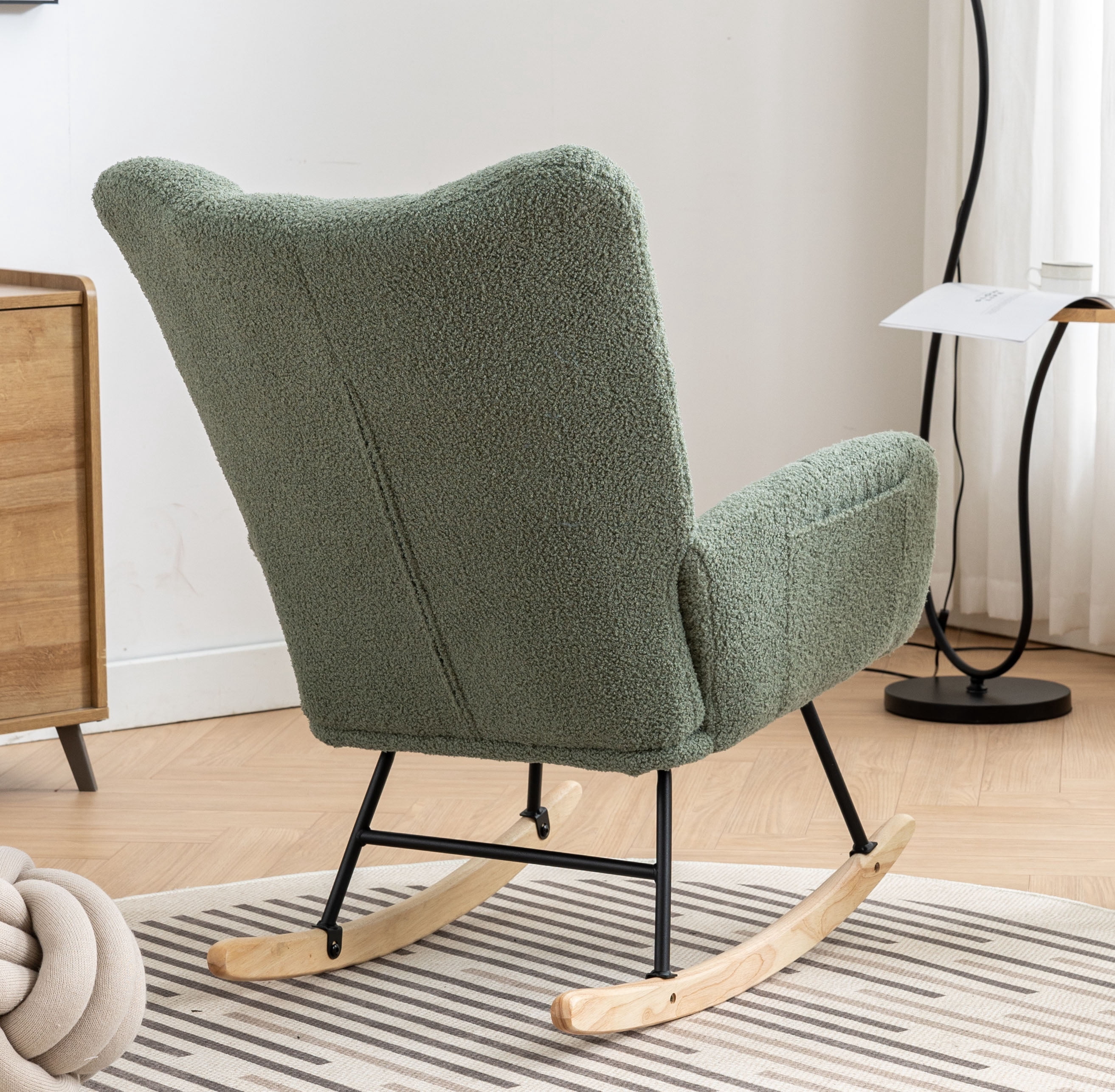 Rocking Chair Nursery,Teddy Upholstered Glider Rocker with High Backrest,Modern Rocking Accent Chairs Glider Recliner for Living Room, Nursery, Bedroom,Green