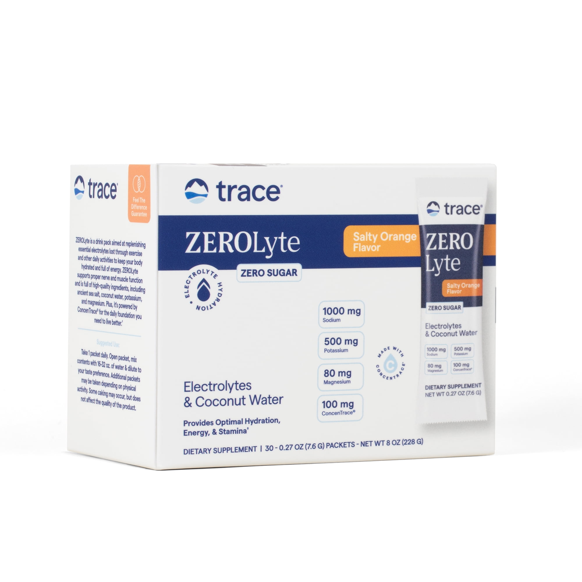 Trace Minerals ZeroLyte Electrolyte Drink Mix, Salty Orange, 30 Packets, Zero sugar, ancient sea salt + coconut water, supports hydration, replenishes electrolytes, sodium + potassium + magnesium