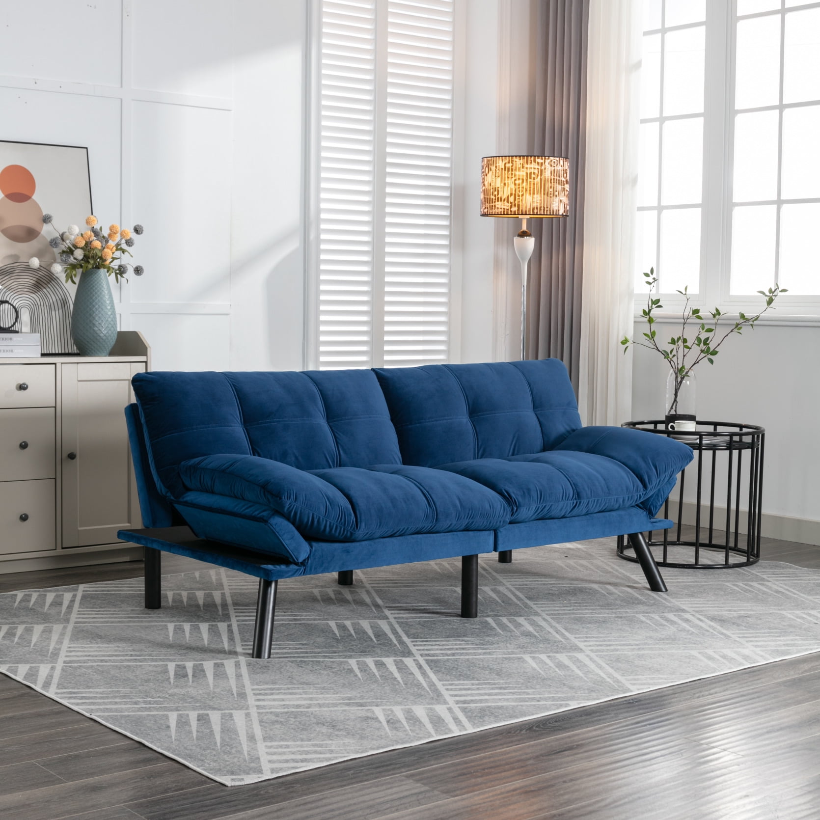 Convertible Futon Sofa Bed, 4 in 1 Sleeper Futon Couch Bed with Adjustable Armrest & Backrest, Memory Foam Futon Sofa Loveseat Sofa Bed in Velvet, Small Sofa for Living Room, Office, Apartment, Blue