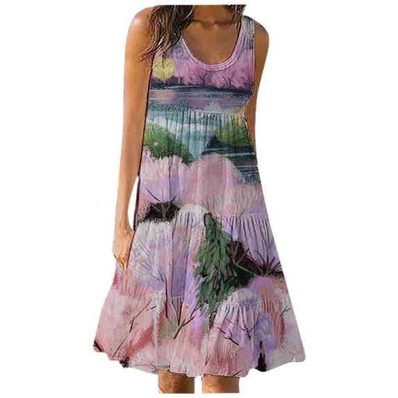 CQCYD Summer Dresses 2023, Women Printed Sleeveless Crew Neck Dress Loose Beach Dress Holiday Dress and Ankle Dress Leisure Sales Today Clearance Pink XL