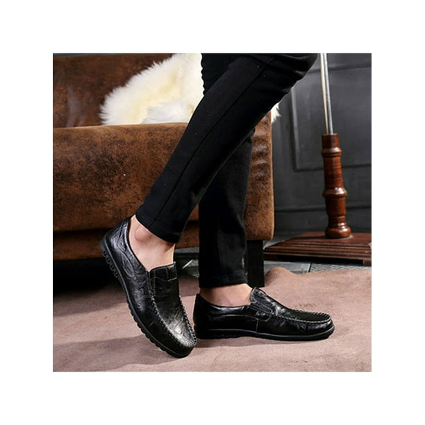 Woobling Mens Loafers Slip On Flats Driving Boat Shoe Casual Penny Loafer Men Leather Comfort Dress Shoes Black 10.5