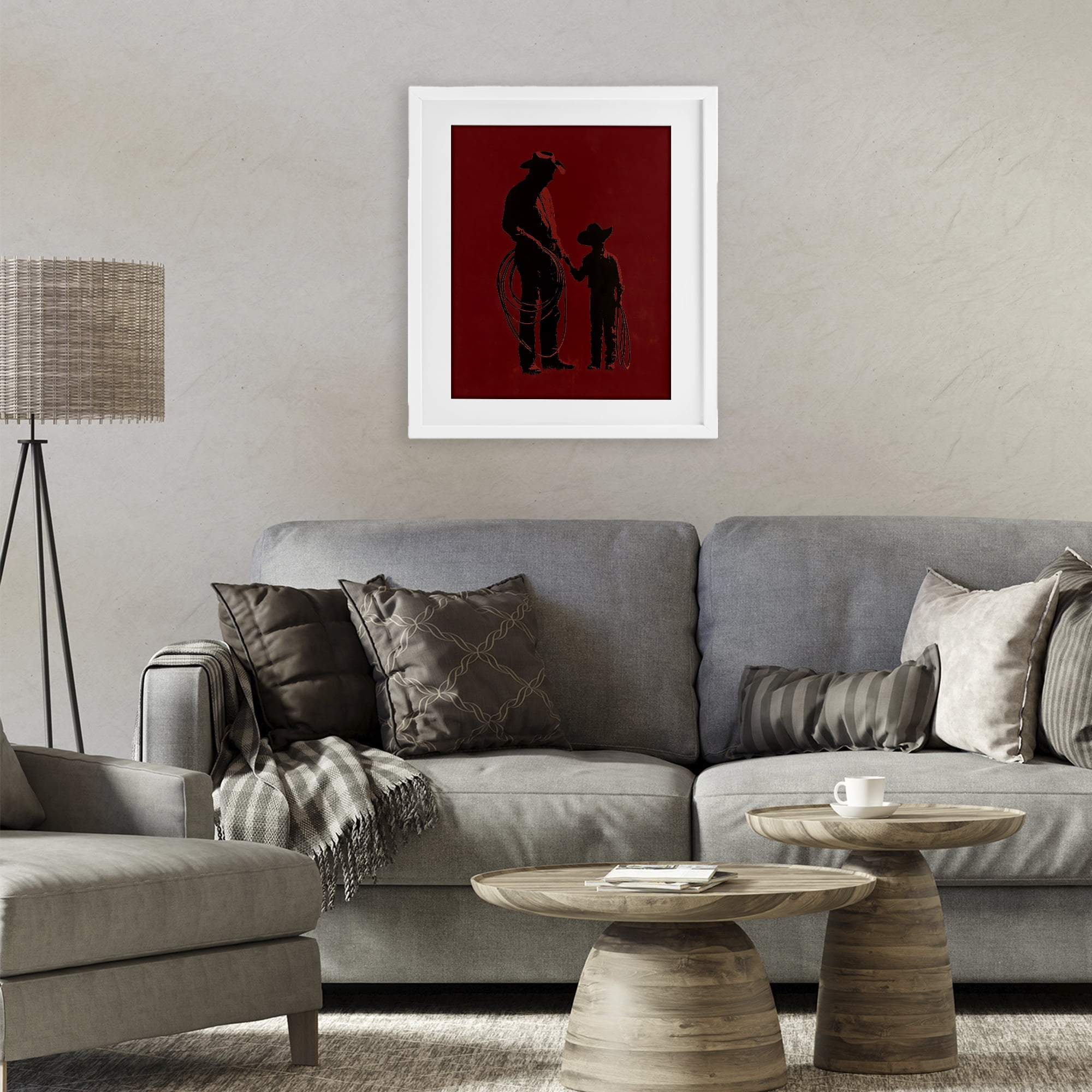 Burgundy Cowboy Father & Son White Framed Print Under Glass, design by Arlington Prints