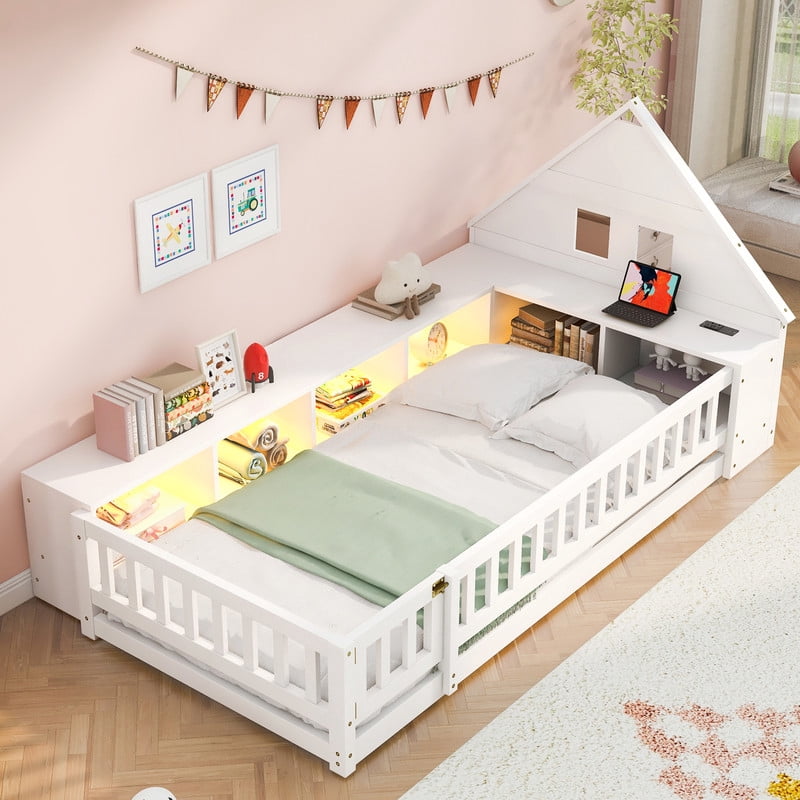 Twin Size Wood Floor Bed with Guardrail & Small Door, House-Shaped Bookcase Headboard Kids Platform Storage Bed with LED & Outlet