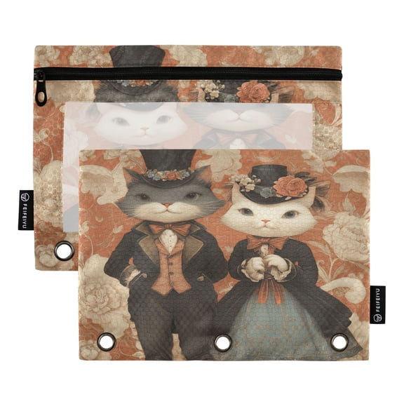 2 Pack 3 Ring Binder Pouch with Clear PVC Window Water Resistant Zipper Pencil Pouch Two Cute Anthropomorphic Cats Binder Pocket for Classroom Office Home Stationery Organization