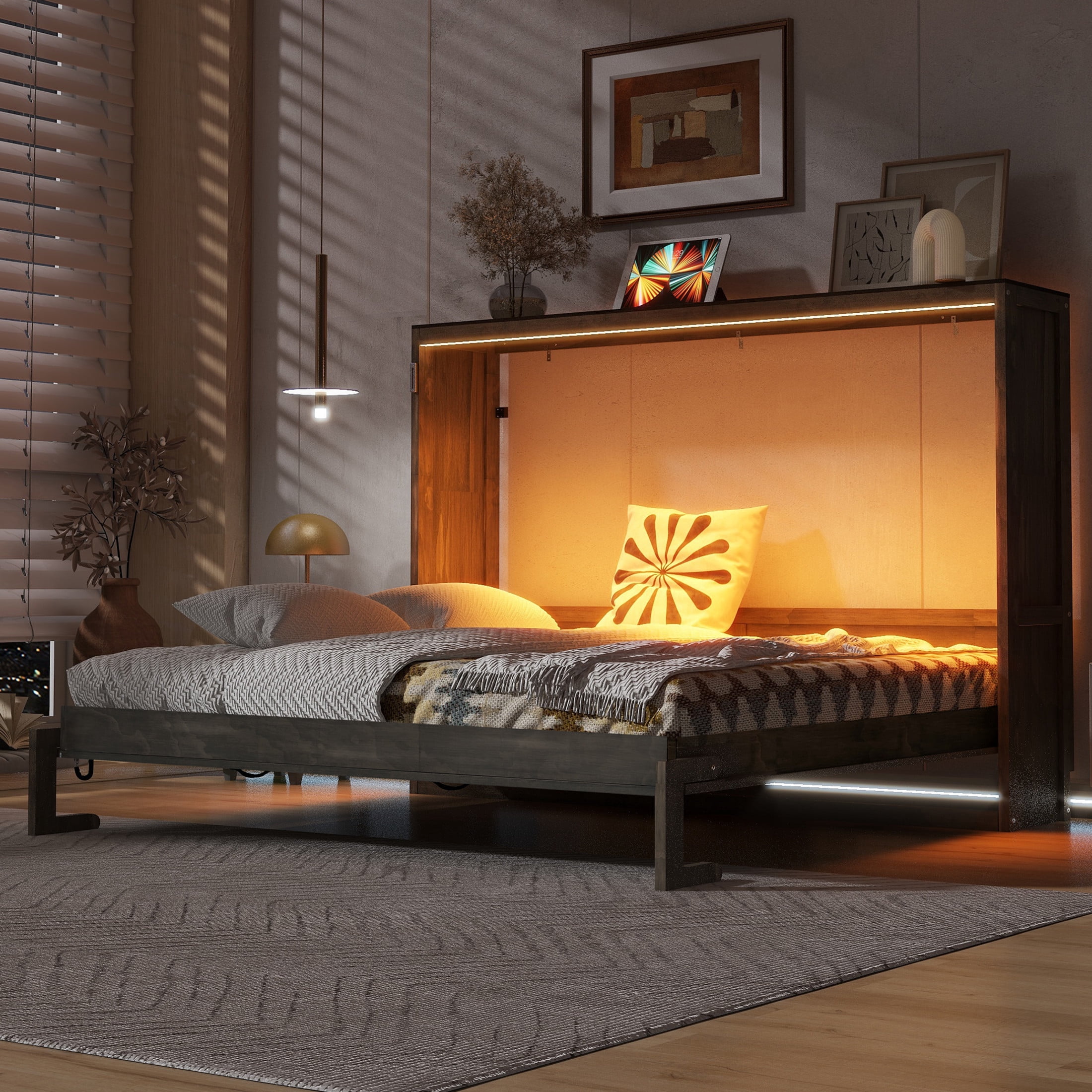 Noble House Briana Full Size Foldable Murphy Bed Frame with Desk and Adjustable LED Light, Hidden Wall Cabinet, Brown