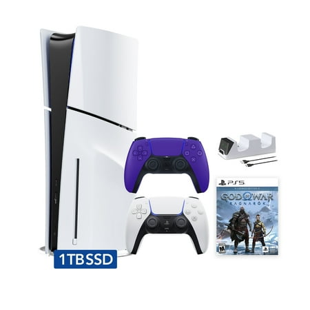PlayStation 5 Disc Edition God of War Ragnarok Bundle with Two Controllers White and Galactic Purple DualSense and Mytrix Dual Controller Charger