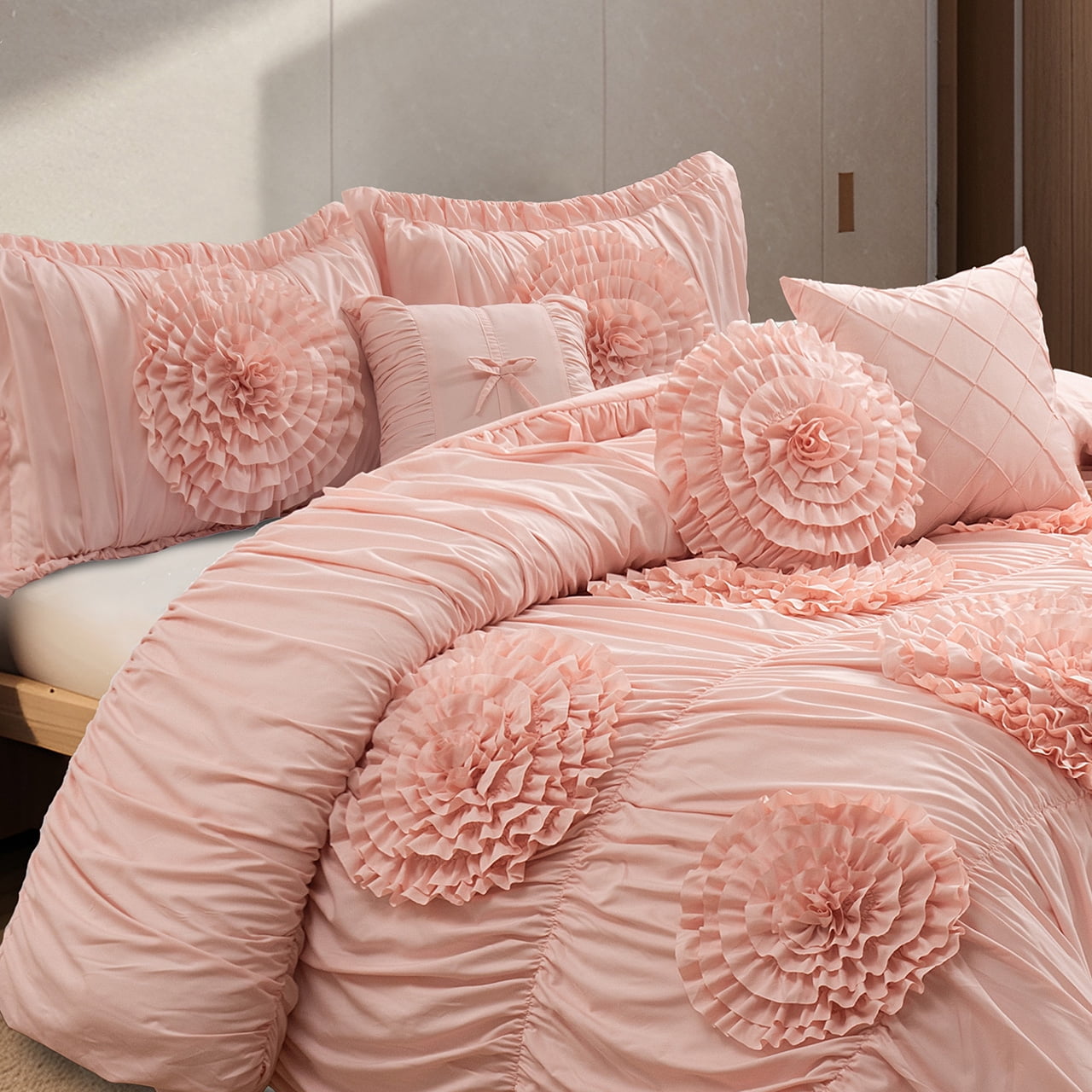 7pc Peach Queen Floral Ruffled Comforter Set with 3D Appliqué
