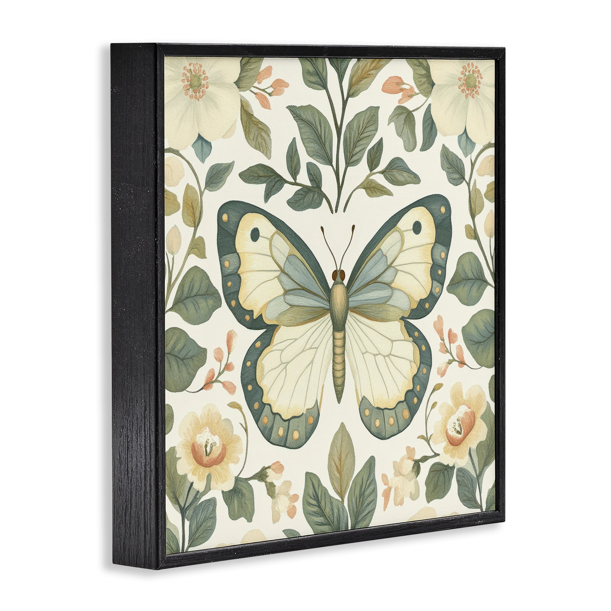 Stupell Industries Sage Butterfly and Florals Black Framed Giclee Art, design by Petal Prints Design