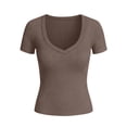 thumbnail image 7 of VBVC No Boundarie Women's V-Neck Ribbed T-Shirts,Ladies Slimming Basic Tees,Summer Short Sleeve Workout Tops For Women,Brown,S-2XL, 7 of 7