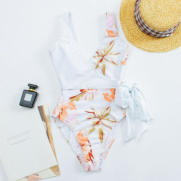 Women Stripe Floral Print Beach Swimsuit Set V Neck One Piece Swimwear Tummy Control Tie Side Wrap Bathing Suits Women s One Piece Floral Stripes Stitching Back Cross Ti Bodega Aurrera en linea