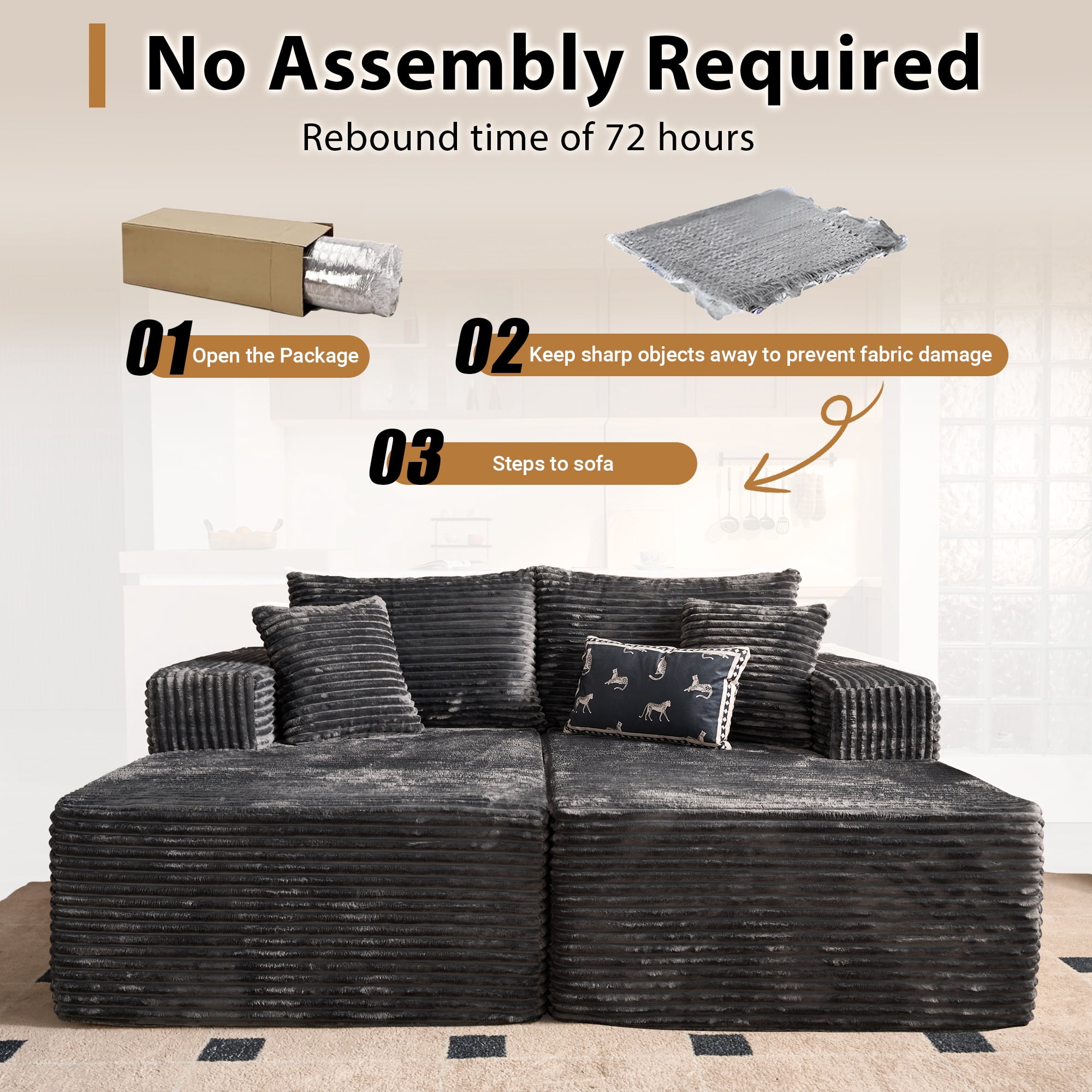 Vcatnet 75" Oversized Modular Sectional Sofa Cloud Couch Plush Corduroy Chaise Lounge Loveseat Sofa Bed Upholstered Sleeper Sofa for Living Room and Bedroom, Gray