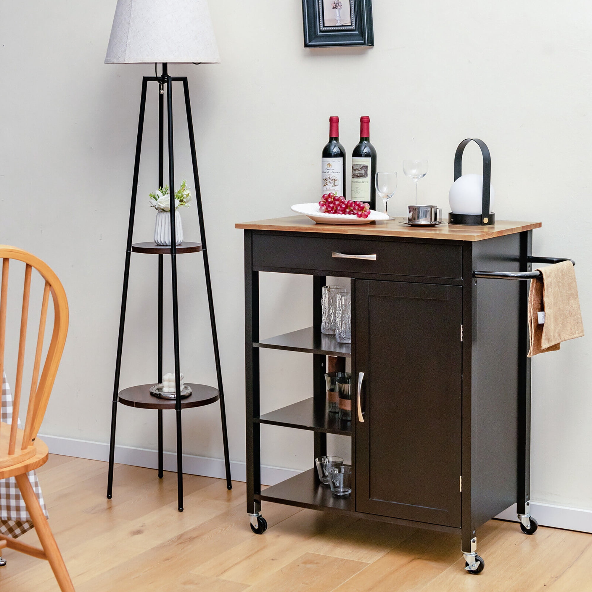 Gymax Mobile Kitchen Island Cart Serving Utility Trolley Drawer Shelf Towel Rack Brown