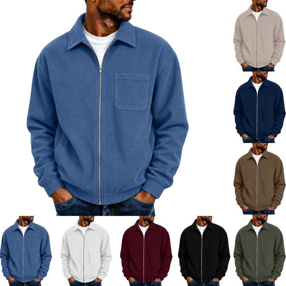 Men's Corduroy Jacket Sevevn Classic Soft Corduroy Zip Up Turn Down Collar Long Sleeve Chest Pocket Regular Fit Casual Coat Outwear for Daily Wear