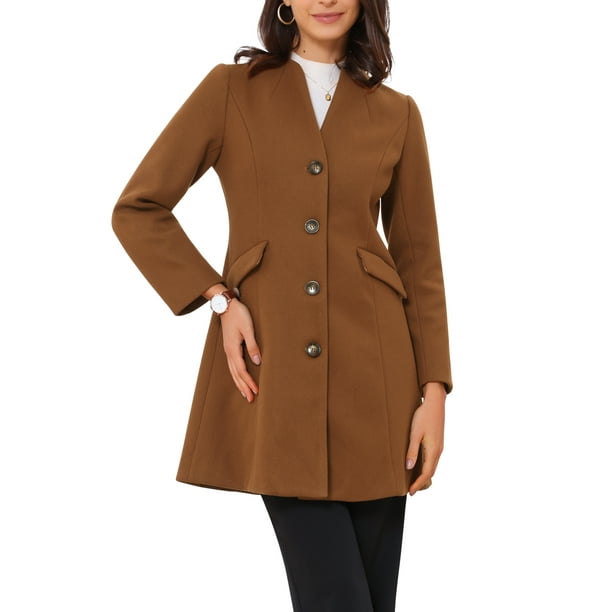 Abrigo largo de una sola botonadura de manga larga con escote en V elegante para mujer Inspire Chic en marrón oscuro