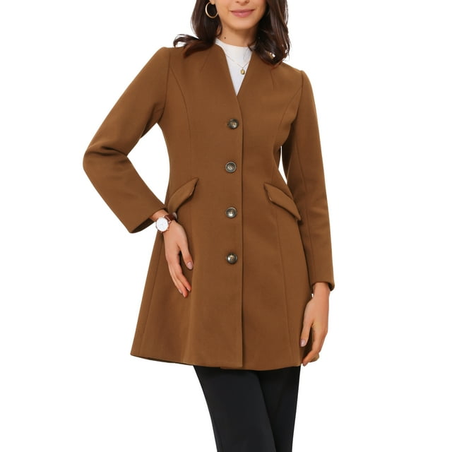 Abrigo largo de una sola botonadura de manga larga con cuello en V elegante para mujer Inspire Chic XL marrón oscuro