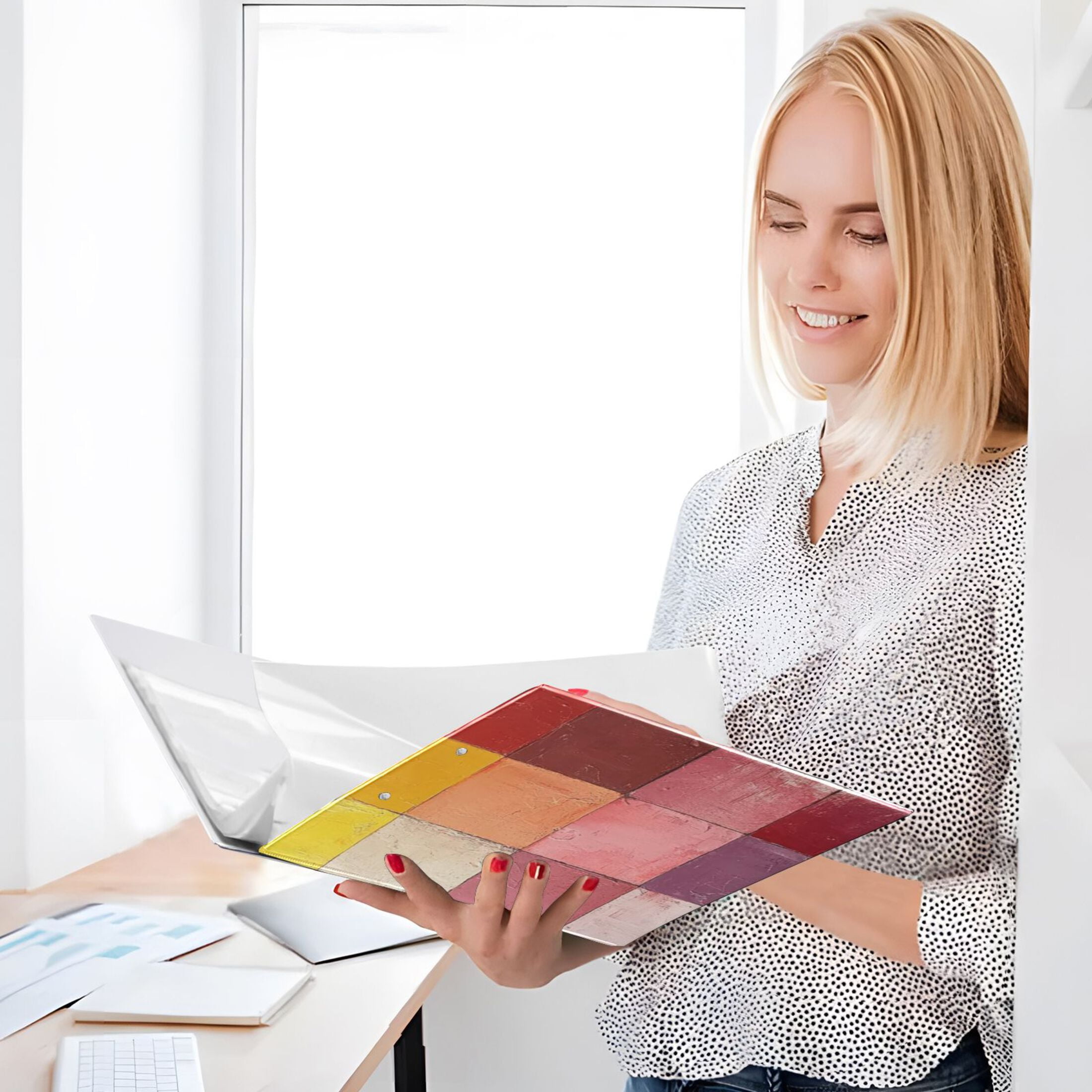 Coloful Grids 3 Ring Binders 1.5 inch Hardcover File Folders with Interior Pockets A4 Size Organizer for School Office Hospital