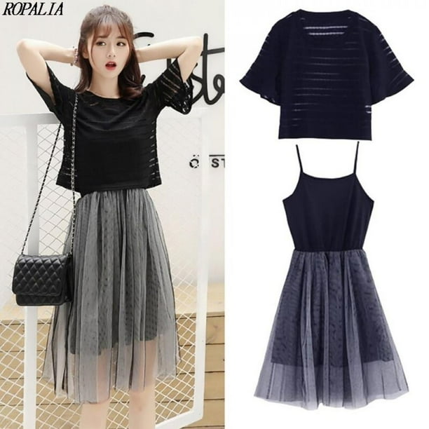 Women S Korean Style O Neck Solid Top And Mesh Sling Spaghetti Strap Dress 2 Pieces Set Walmart Com