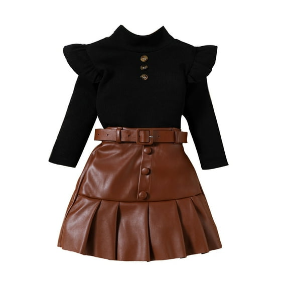 GEZHEN Children's Clothing Cool Handsome Girls Solid Color High Neck Long Sleeve Top PU Leather Pleated Skirt Belt Three Suit Relaxed Fit Casual Outfits