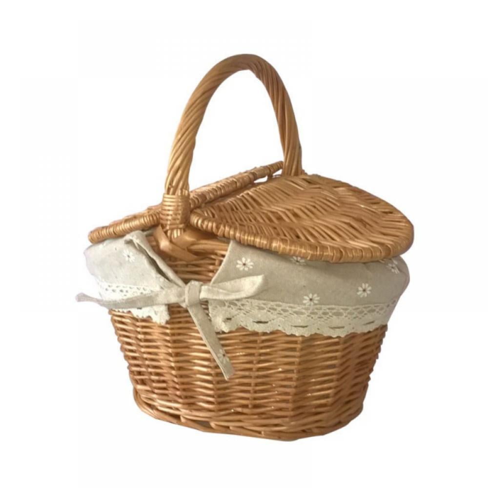 Handmade Wicker Wicker Camping Picnic Basket Shopping Storage Hamper with Lid and Wooden Handle Color Wicker Picnic Basket Brown, L 