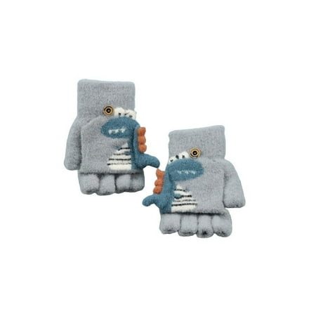 

YWDJ 4-10 Years Kids Winter Flip Gloves Dinosaur Cute Cartoon Knitted Half Finger Gloves Gray One Size