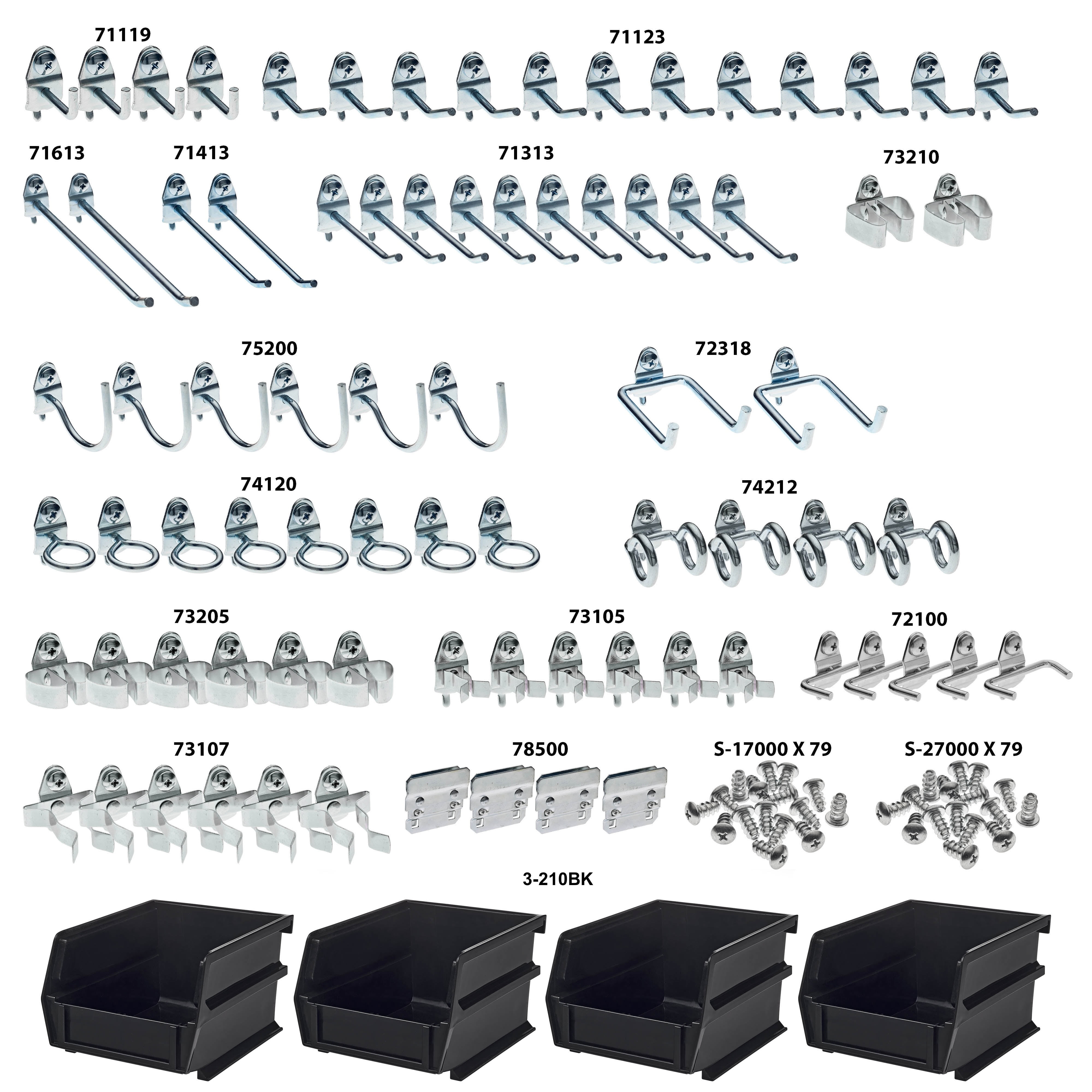 Triton Products® 83-Piece Steel Pegboard Hook & Plastic Bin Kit, 79 Hooks & 4 Bins